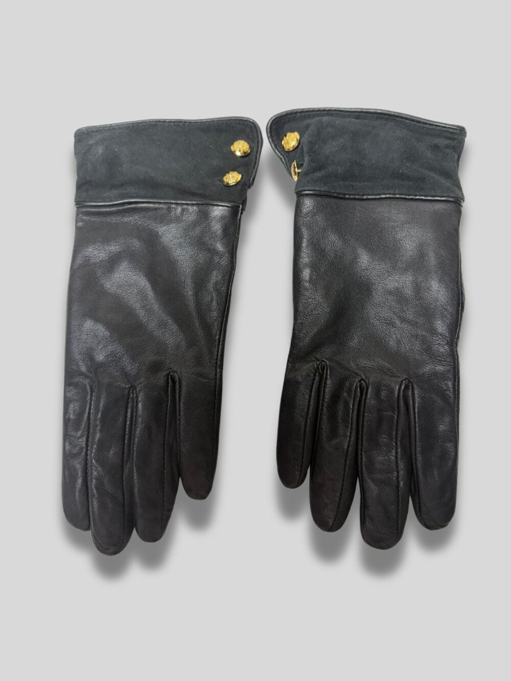 Lauren Ralph Lauren Black Leather Suede Gold Button Gloves